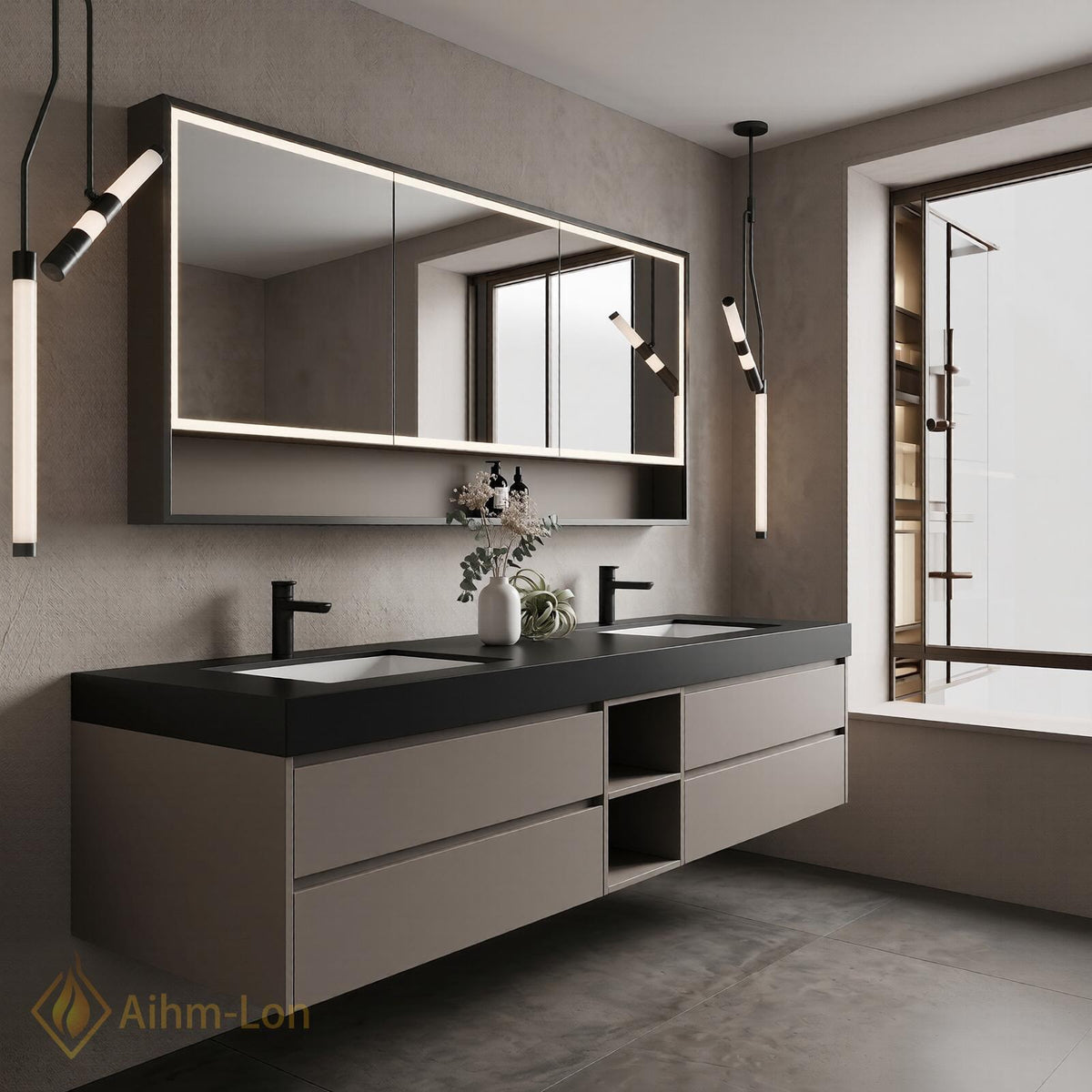60''-96'' Double Bathroom Vanity with Sink Slatted Front Warm Wood Tone Countertop