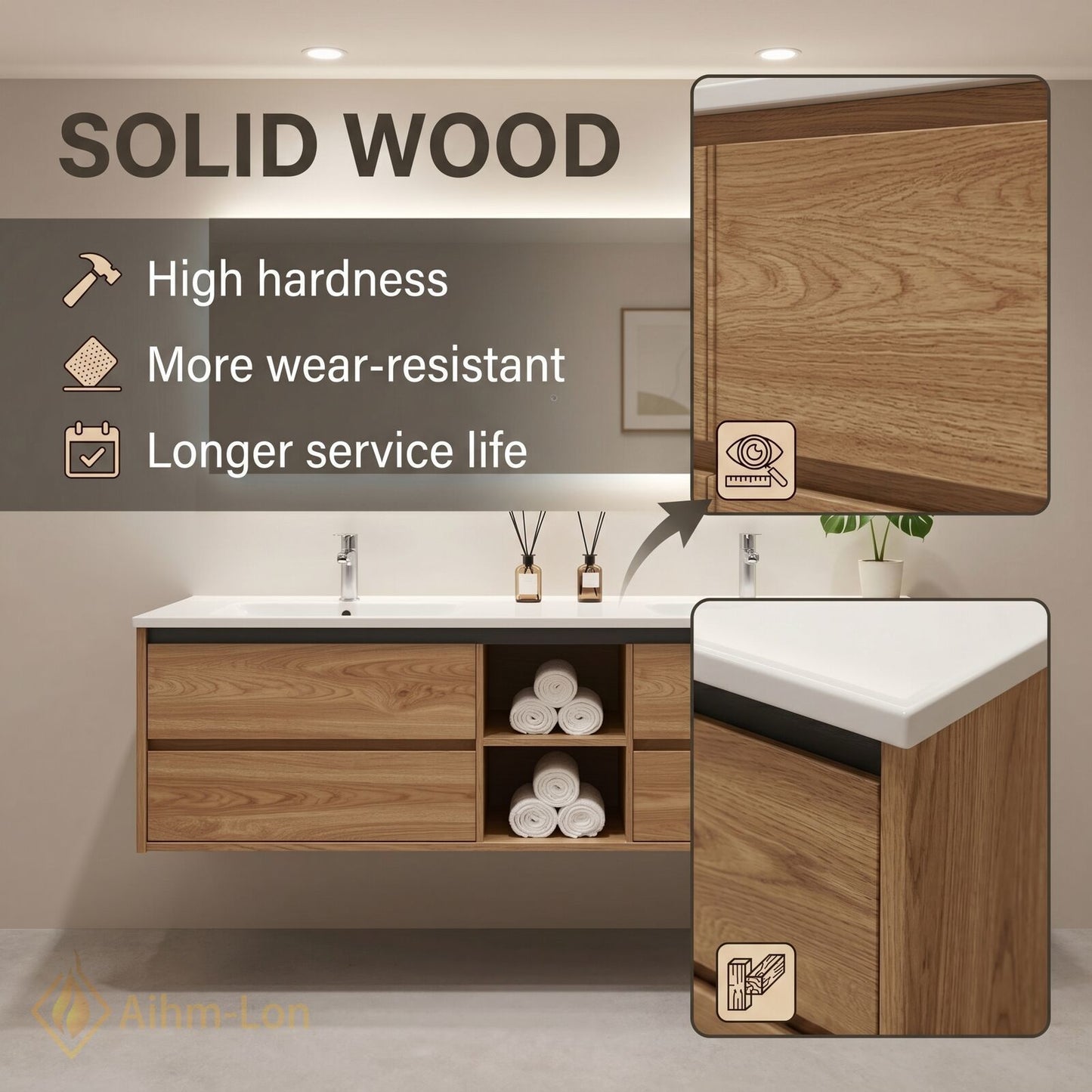 60''-96'' Floating Bathroom Vanity with Sink Double Sink Wood Grain Open Center Cabinet
