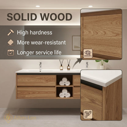 60''-96'' Floating Bathroom Vanity with Sink Double Sink Wood Grain Open Center Cabinet