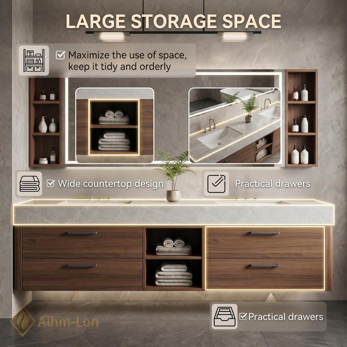 60''-96'' Double Bathroom Vanity with Sink Modern Grey Stone Top Walnut Drawers
