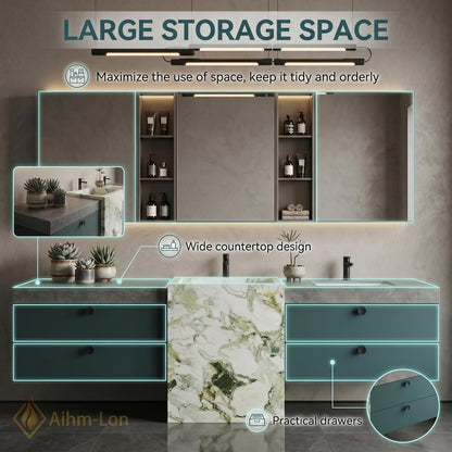 60''-96'' Double Bathroom Vanity with Sink Marble Slab Divider Floating Teal Drawers