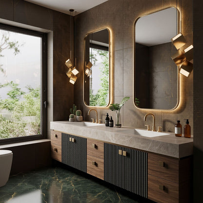 72''-96'' Modern Bathroom Vanity with Sink Double Sink Fluted Panel White Marble Drawers
