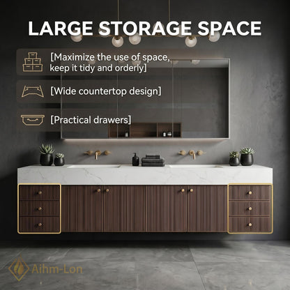 72''-96'' Double Bathroom Vanity with Sink Modern Floating Panels Marble-Top Setup