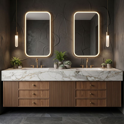60''-96'' Floating Bathroom Vanity with Sink Vertical Grooves White Stone Vein Top