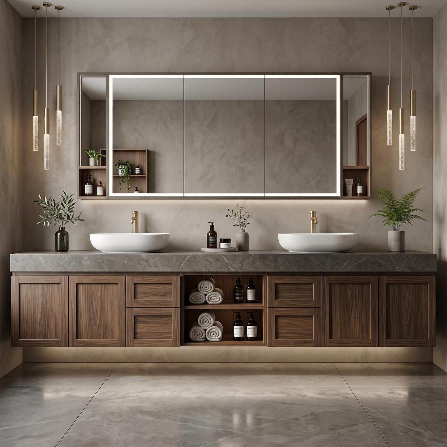 60''-96'' Floating Bathroom Vanity with Sink Double Sink Stone Top Dark Wood Open Shelving