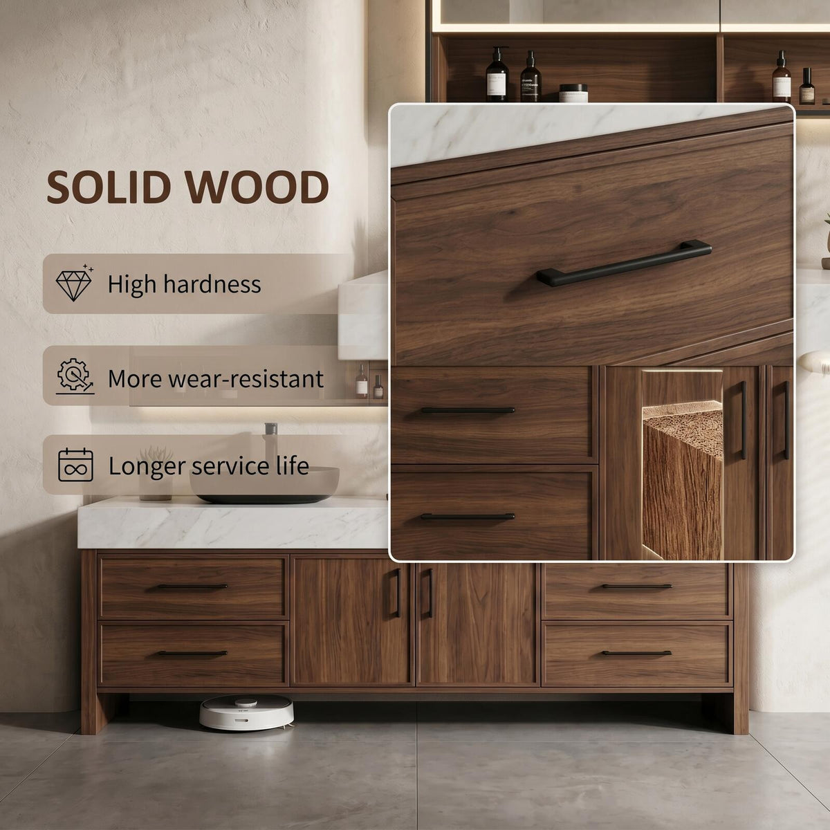 60''-96'' Double Bathroom Vanity with Sink Floating White Marble Top Dark Wood Finish