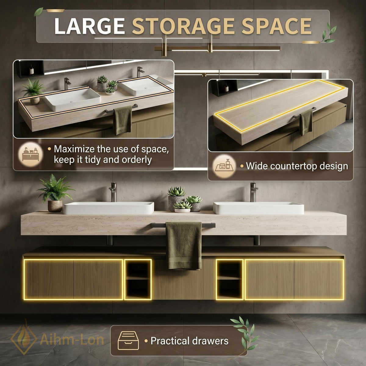 60''-96'' Double Bathroom Vanity with Sink Stone Top Wood Base Open Shelving