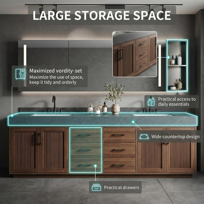 60''-96'' Double Bathroom Vanity with Sink Modern Fluted Slatted Doors Central Drawer