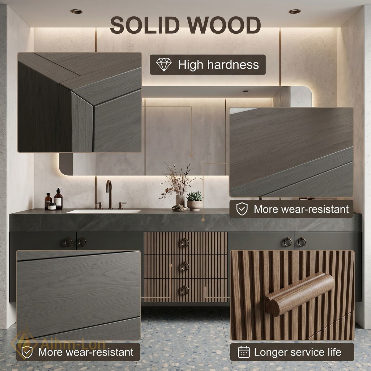 60''-96'' Double Bathroom Vanity with Sink Slatted Wood Panel Dark Gray Finish