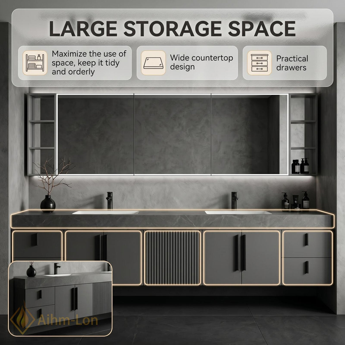 60''-96'' Double Bathroom Vanity with Sink Slatted Center Panel Matte Grey Open Storage