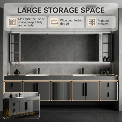 60''-96'' Double Bathroom Vanity with Sink Slatted Center Panel Matte Grey Open Storage