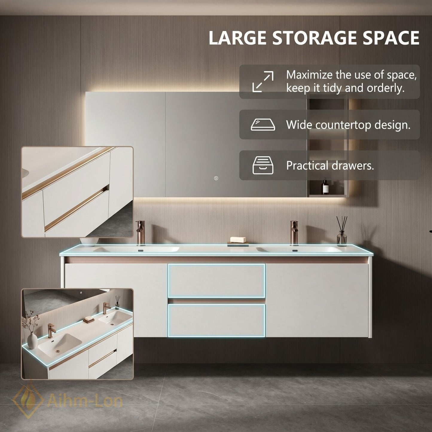60''-96'' Wide Bathroom Vanity with Sink Matte White Double Sink Spacious Mirror Cabinet