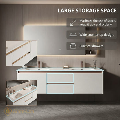 60''-96'' Wide Bathroom Vanity with Sink Matte White Double Sink Spacious Mirror Cabinet