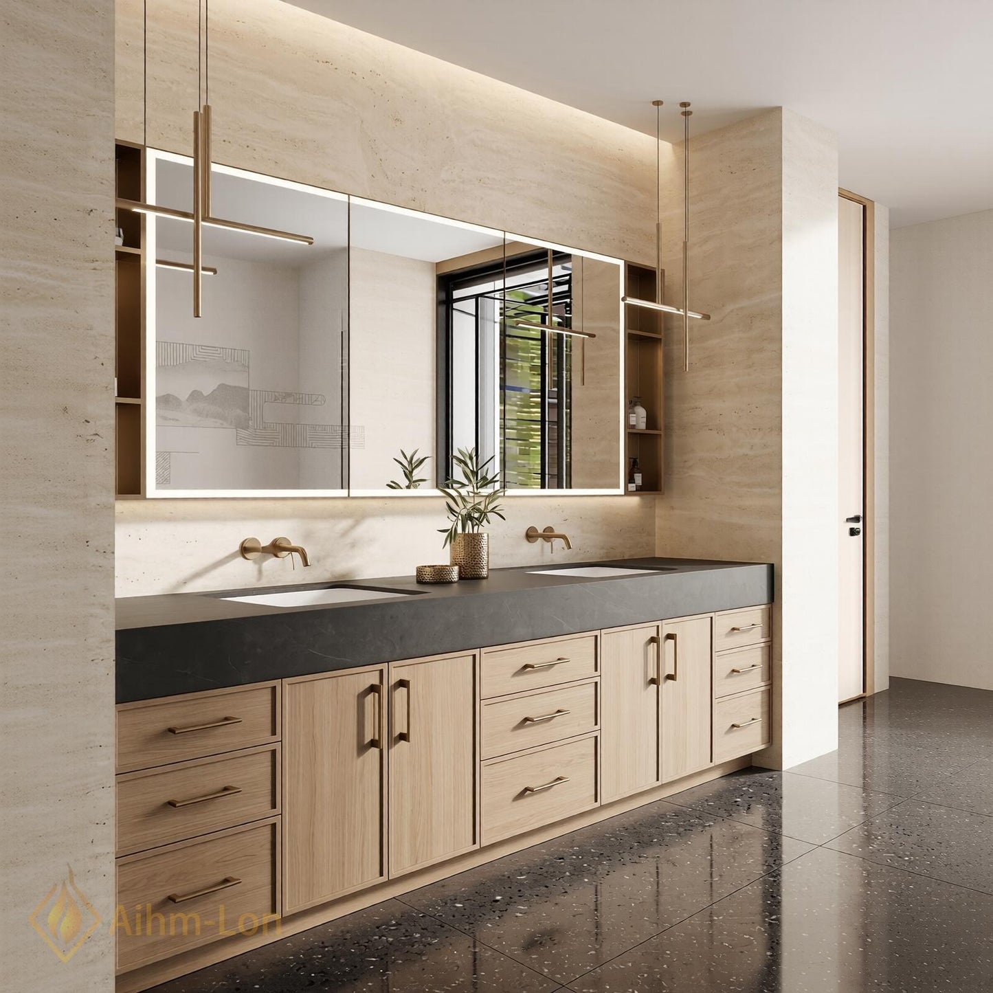 78''-96'' Double Bathroom Vanity with Sink Modern Floating Warm Oak Wood Panels