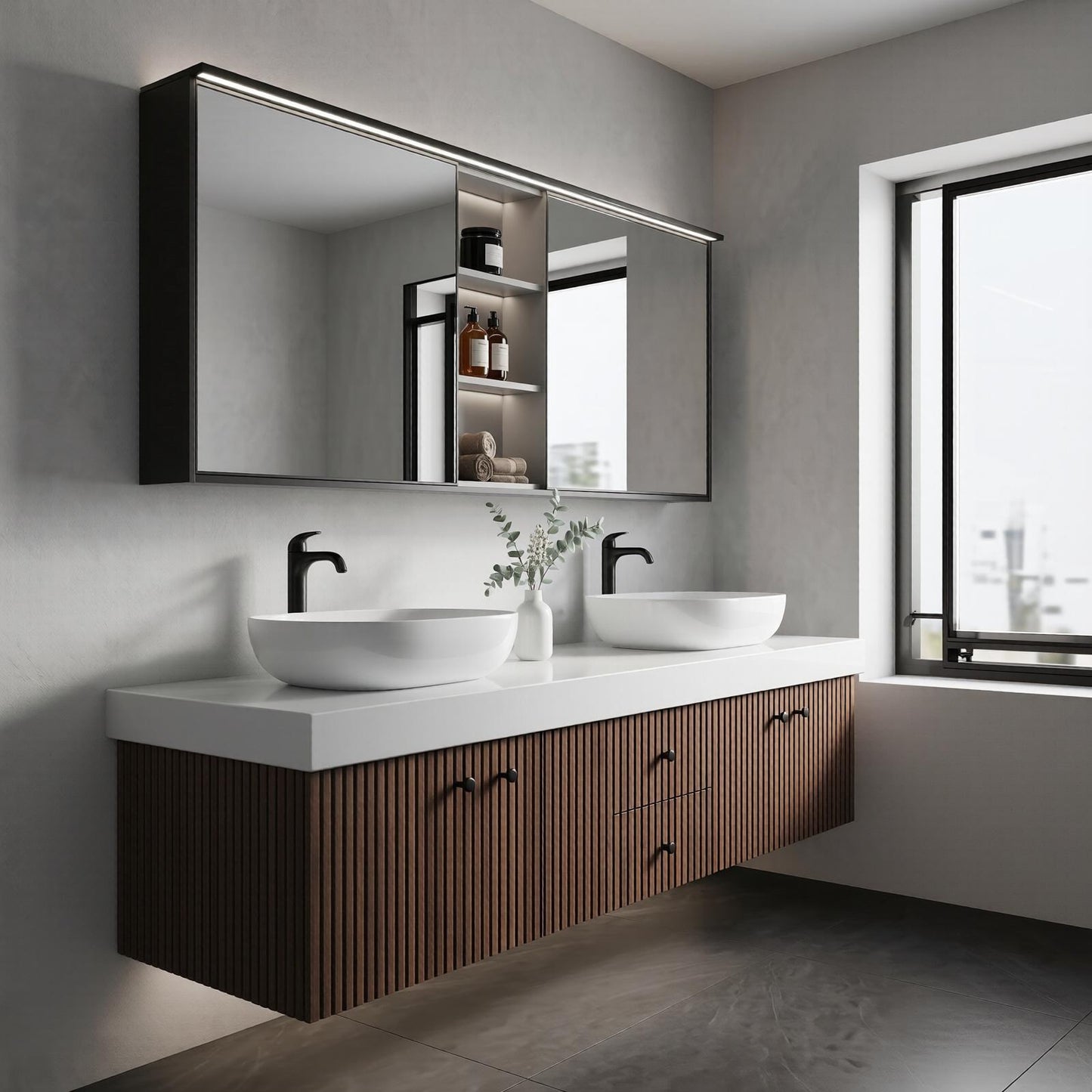 60''-96'' Modern Bathroom Vanity with Sink Dual Vessel Sinks Vertical Slatted Dark Cabinet