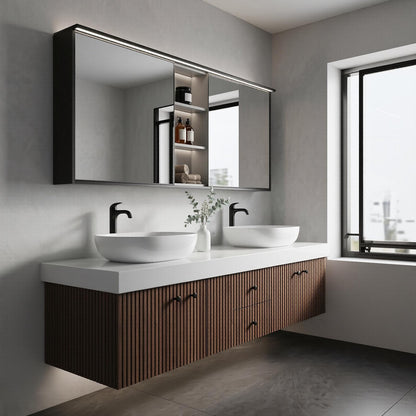 60''-96'' Modern Bathroom Vanity with Sink Dual Vessel Sinks Vertical Slatted Dark Cabinet