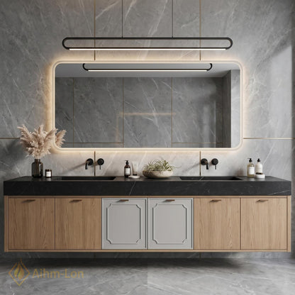 60''-96'' Double Bathroom Vanity with Sink Gray Natural-Wood Modern Floating Panel