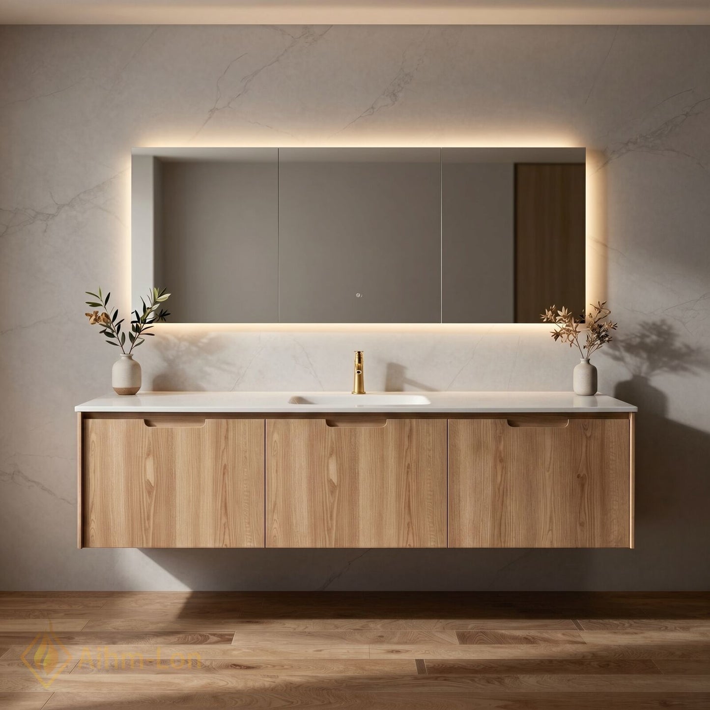 36''-64'' Single Bathroom Vanity with Sink Floating Light Oak Wood Grain Mirror Cabinet