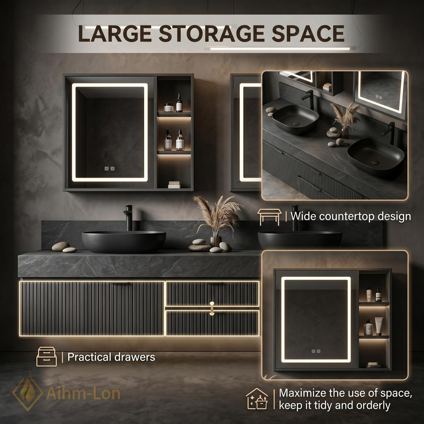 60''-96'' Double Bathroom Vanity with Sink Modern Floating Dark Stone Ribbed Panels
