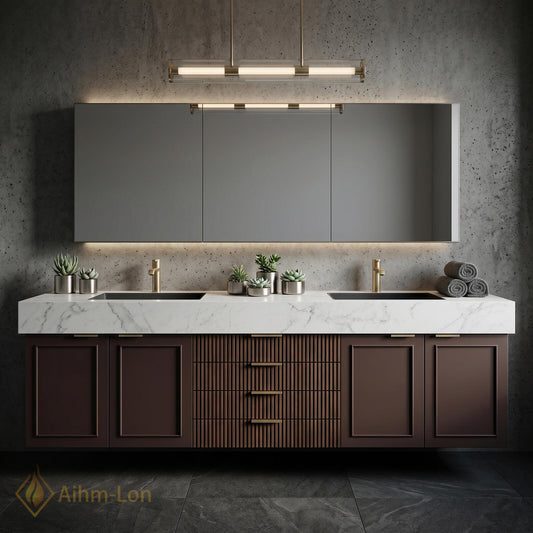 76''-96'' Modern Double Bathroom Vanity with Sink Dark Walnut Slatted Center Panel