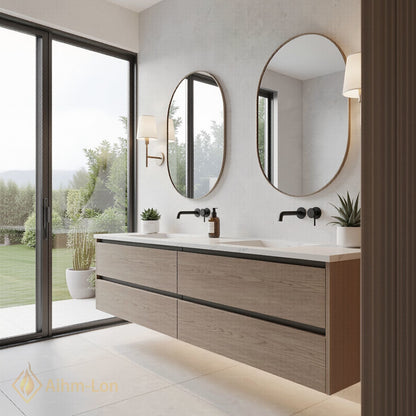 60''-96'' Modern Bathroom Vanity with Sink Floating Natural Wood-Grain Stone Drawers