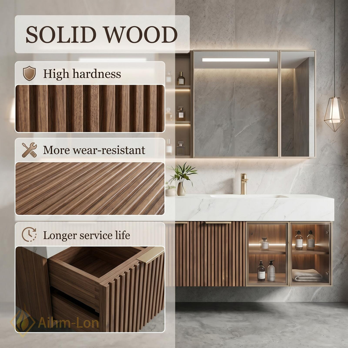 60''-96'' Double Bathroom Vanity with Sink Floating Slatted Wood Front Marble-Style Top
