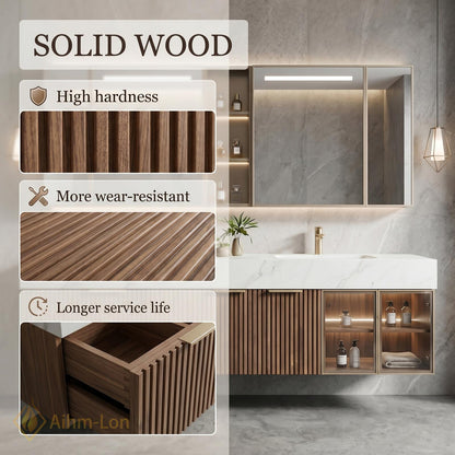 60''-96'' Double Bathroom Vanity with Sink Floating Slatted Wood Front Marble-Style Top