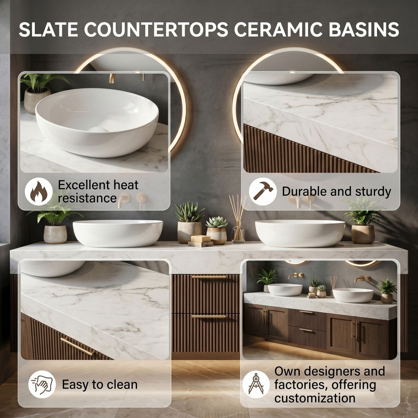 60''-96'' Modern Bathroom Vanity with Sink Double Sink Slatted Wood Marble Grain Round Mirrors