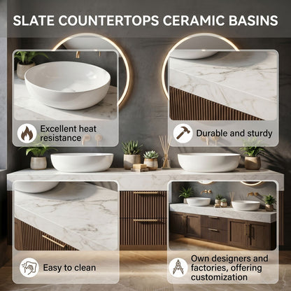 60''-96'' Modern Bathroom Vanity with Sink Double Sink Slatted Wood Marble Grain Round Mirrors