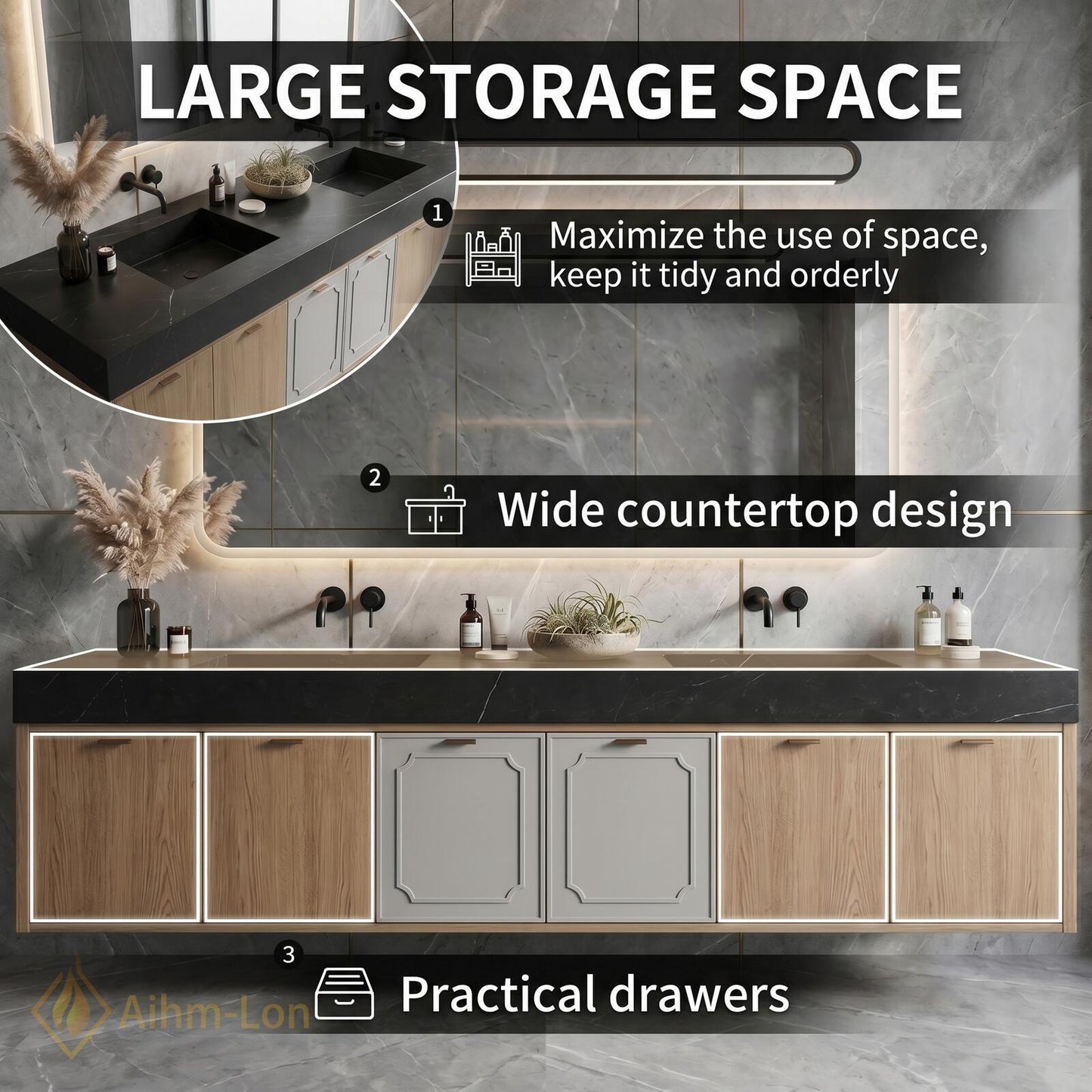 60''-96'' Double Bathroom Vanity with Sink Gray Natural-Wood Modern Floating Panel