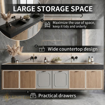 60''-96'' Double Bathroom Vanity with Sink Gray Natural-Wood Modern Floating Panel