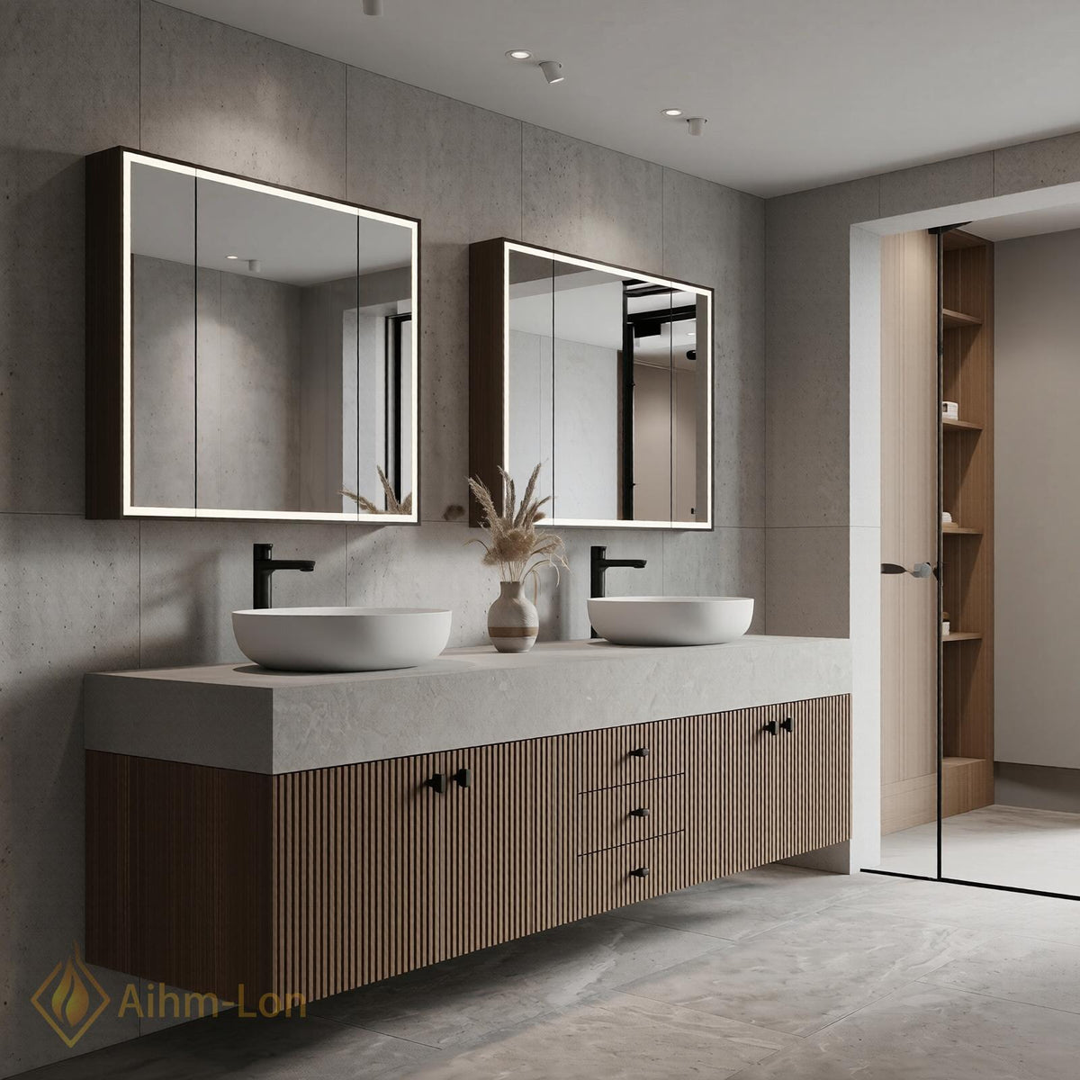 60''-96'' Double Bathroom Vanity with Sink Floating Slatted Wood Front Stone Top
