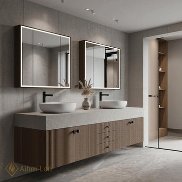 60''-96'' Double Bathroom Vanity with Sink Floating Slatted Wood Front Stone Top