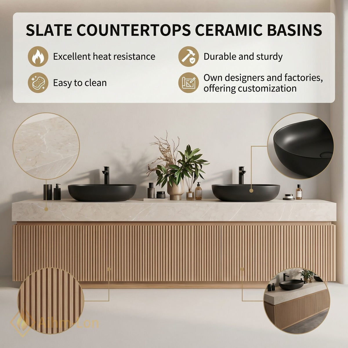 60''-96'' Double Bathroom Vanity with Sink Light Wood Finish Marble Top Contemporary