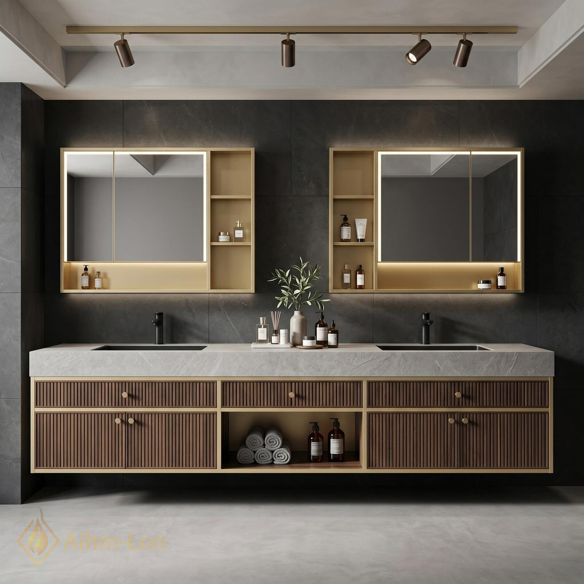 60''-96'' Double Bathroom Vanity with Sink Matte Grey Drawers Slatted Panel