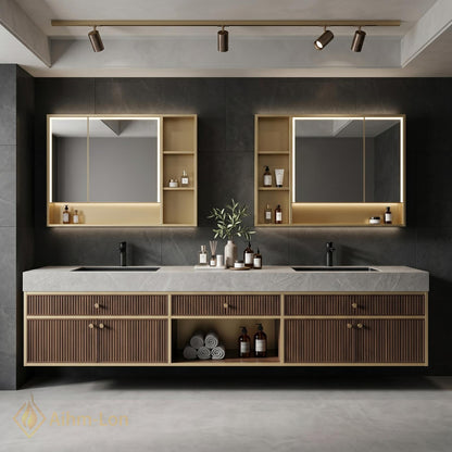 60''-96'' Double Bathroom Vanity with Sink Matte Grey Drawers Slatted Panel