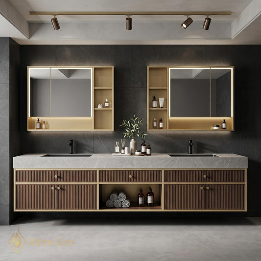 60''-96'' Double Bathroom Vanity with Sink Matte Grey Drawers Slatted Panel