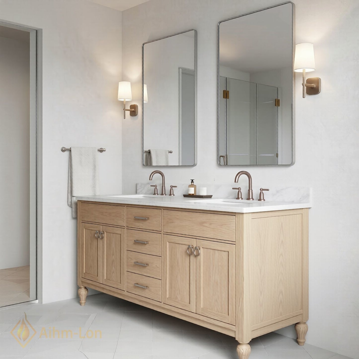 70''-96'' Double Bathroom Vanity with Sink Marble-Style Light Oak Cabinet Storage