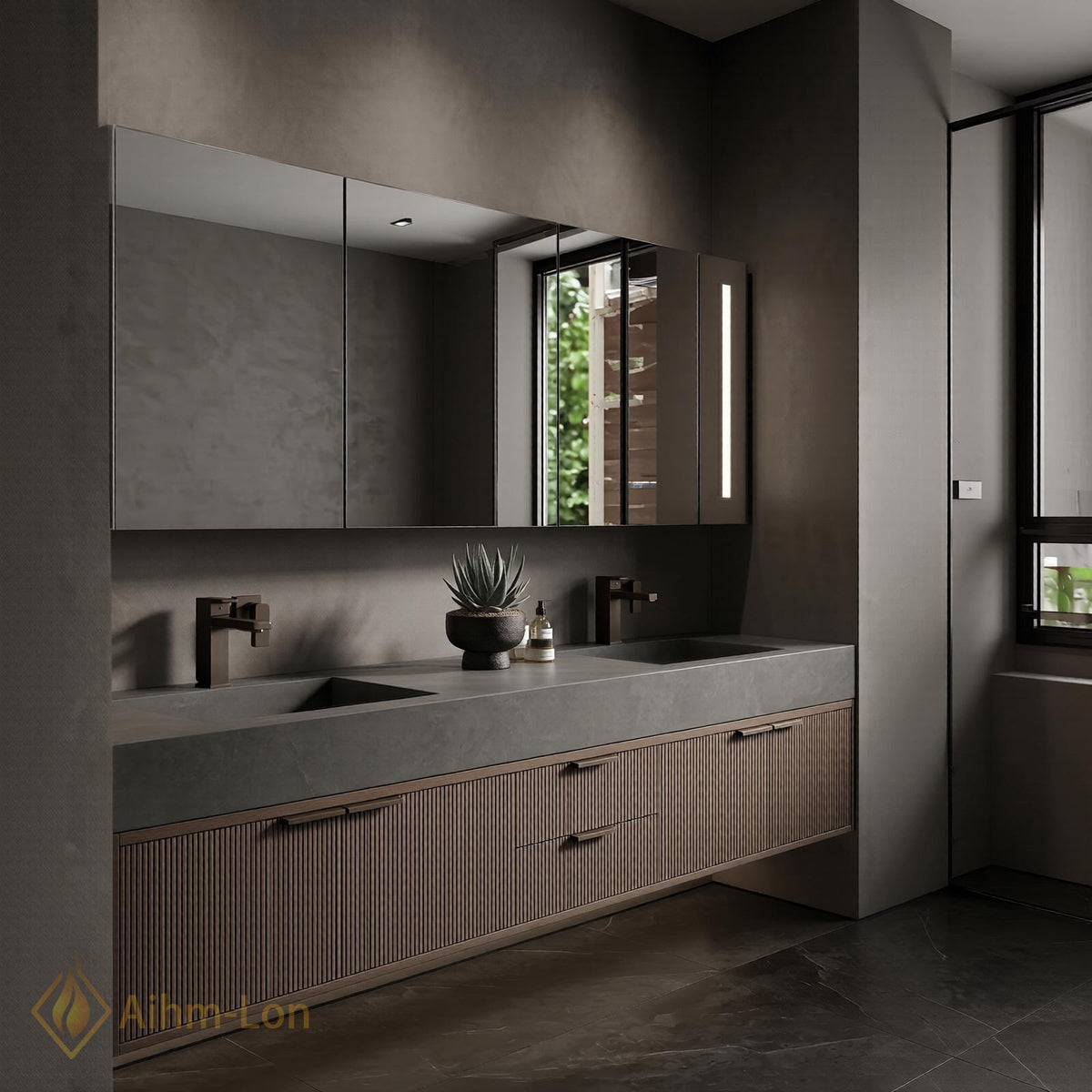 60''-96'' Double Bathroom Vanity with Sink Modern Floating Dark Walnut Slatted Panels