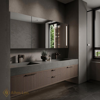 60''-96'' Double Bathroom Vanity with Sink Modern Floating Dark Walnut Slatted Panels