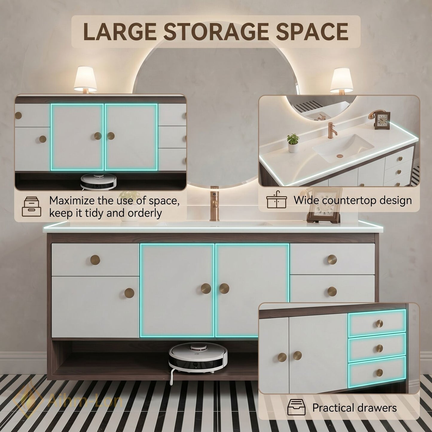 48''-64'' Modern Bathroom Vanity with Sink Floating White Sliding Doors Open Shelf