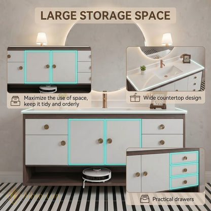 48''-64'' Modern Bathroom Vanity with Sink Floating White Sliding Doors Open Shelf