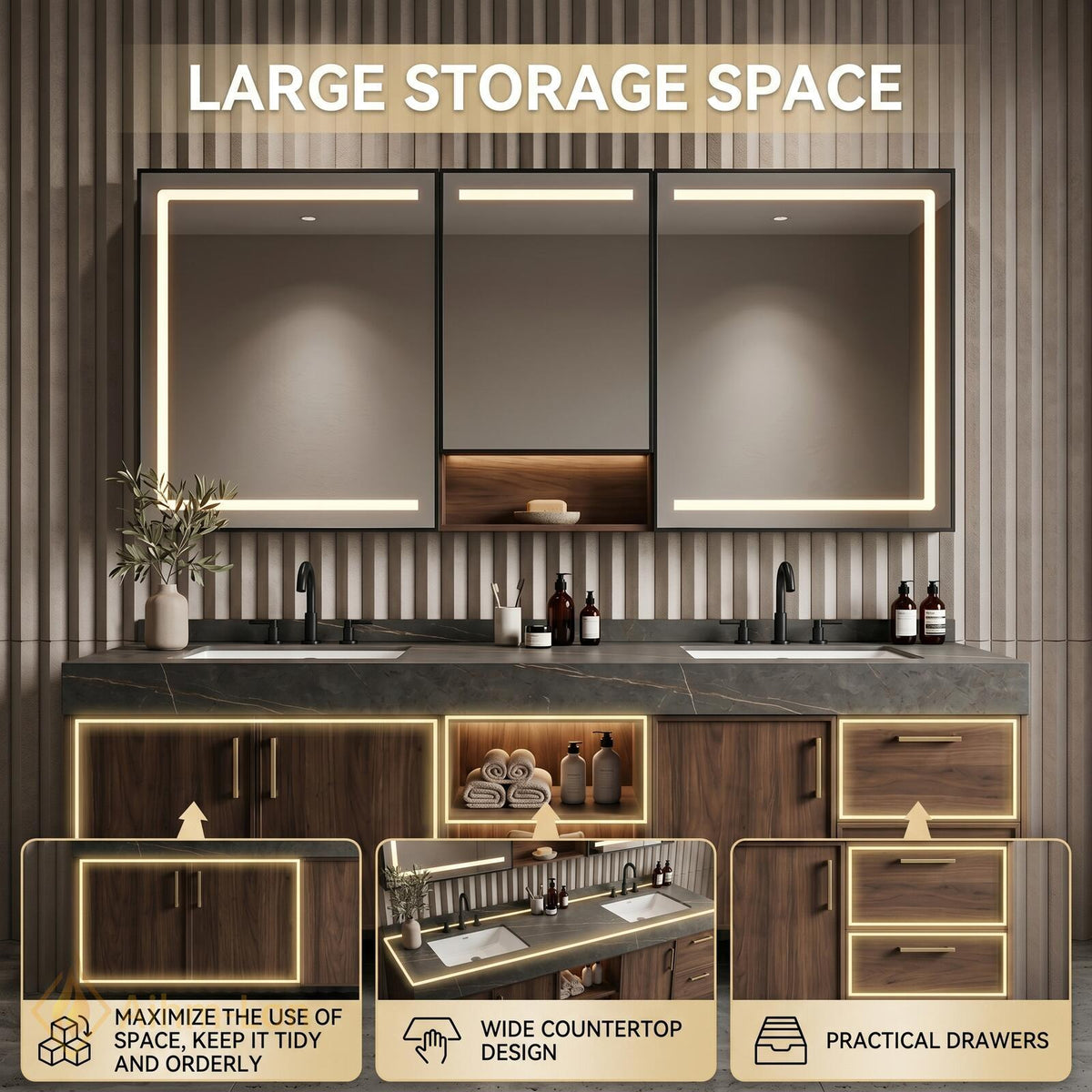 60''-96'' Double Bathroom Vanity with Sink Modern Floating Dark Stone Countertop Wood
