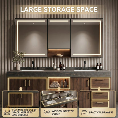 60''-96'' Double Bathroom Vanity with Sink Modern Floating Dark Stone Countertop Wood