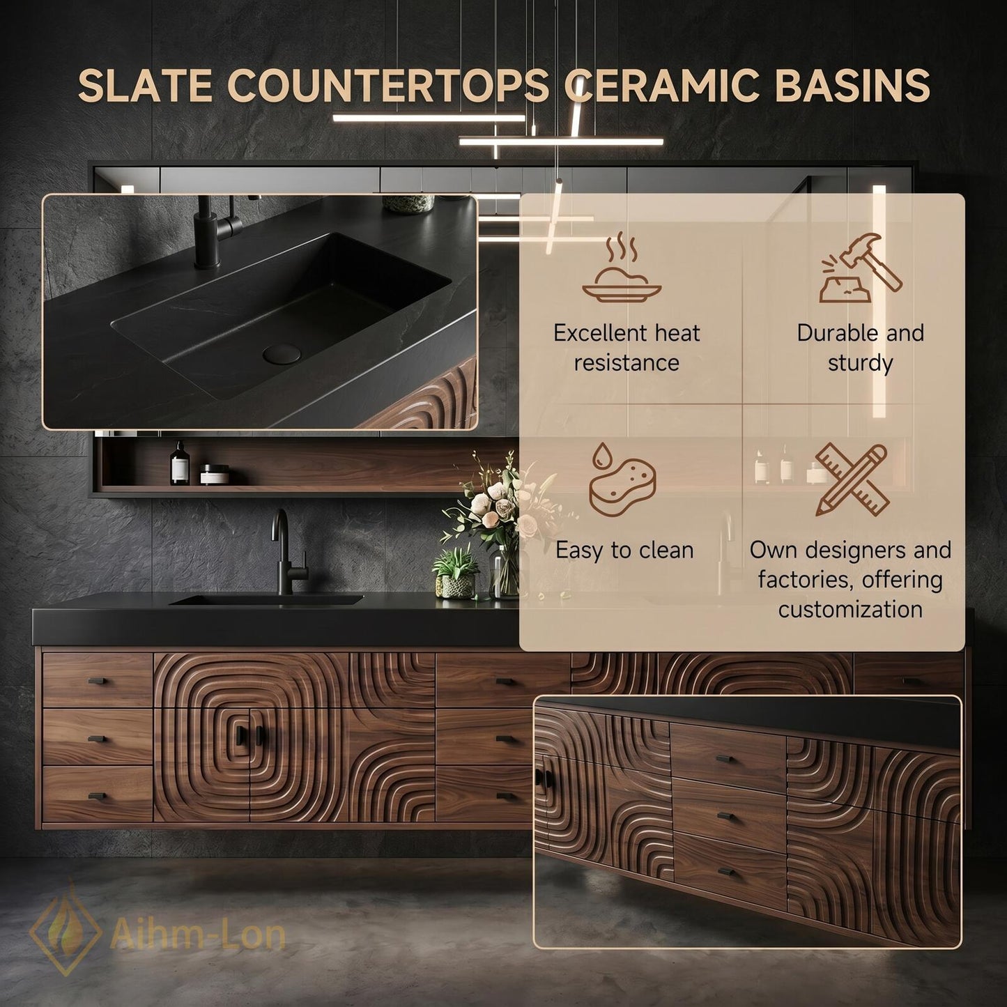 78''-96'' Double Bathroom Vanity with Sink Modern Floating Carved Relief Pattern Wood