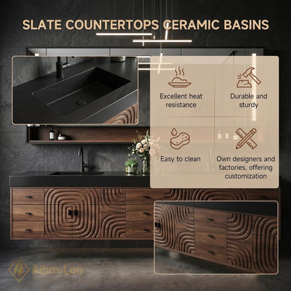 78''-96'' Double Bathroom Vanity with Sink Modern Floating Carved Relief Pattern Wood