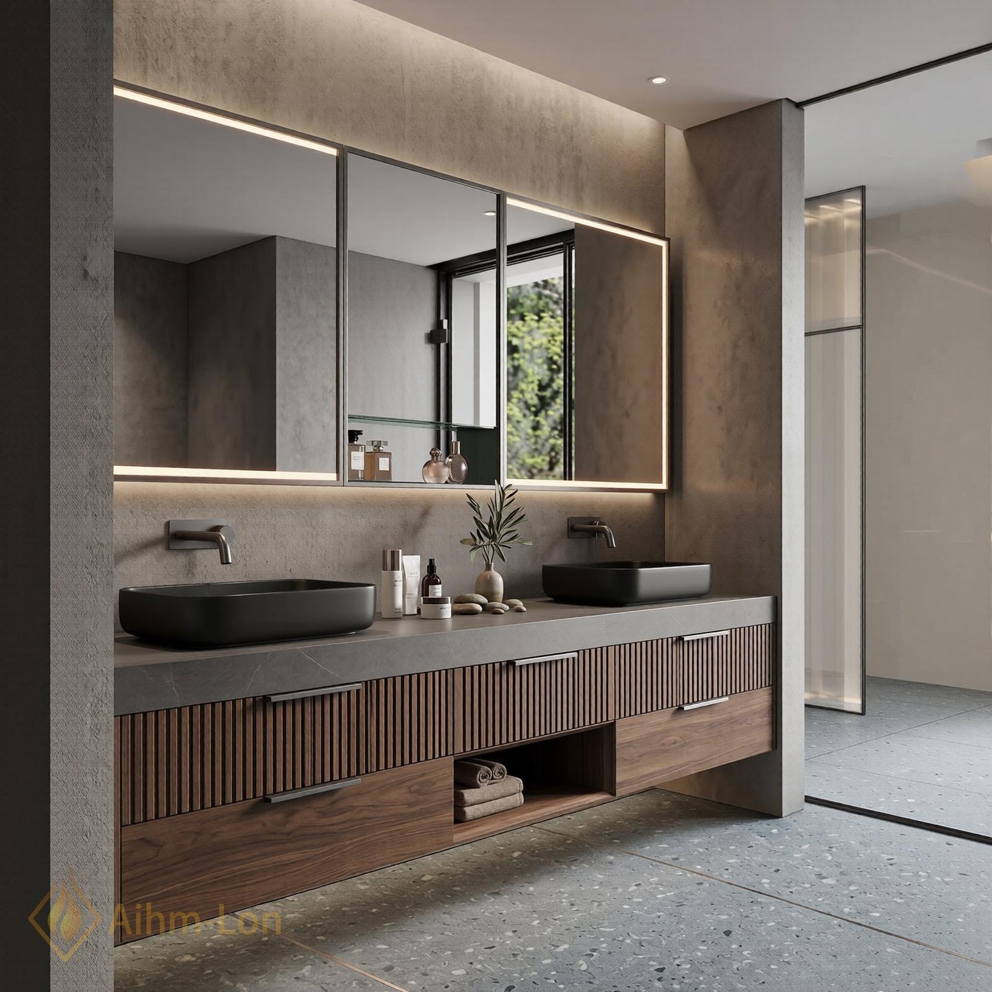 70''-96'' Modern Bathroom Vanity with Sink Floating Dark Walnut Slatted Stone Shelving