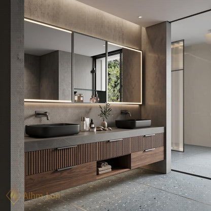 70''-96'' Modern Bathroom Vanity with Sink Floating Dark Walnut Slatted Stone Shelving