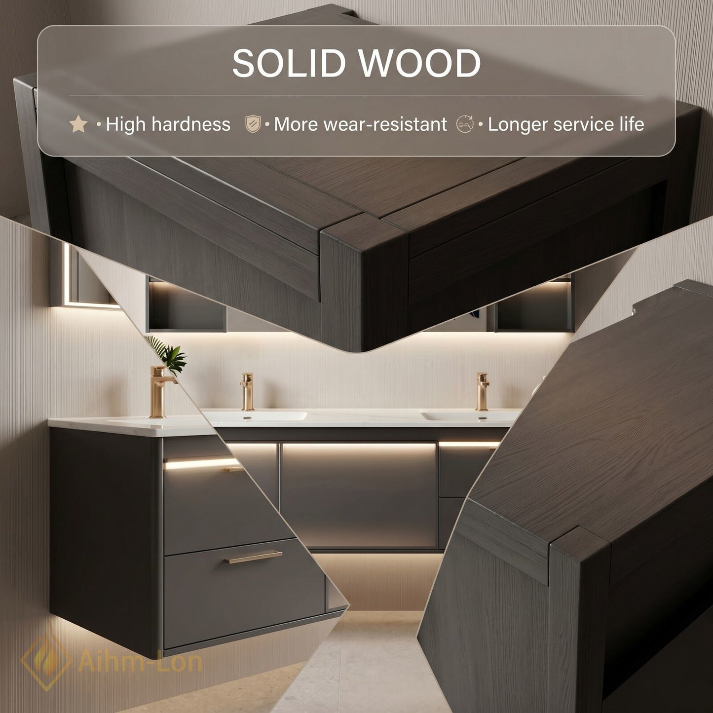 60''-96'' Modern Bathroom Vanity with Sink Double Sink Soft Matte Grey Floating Line Mirror