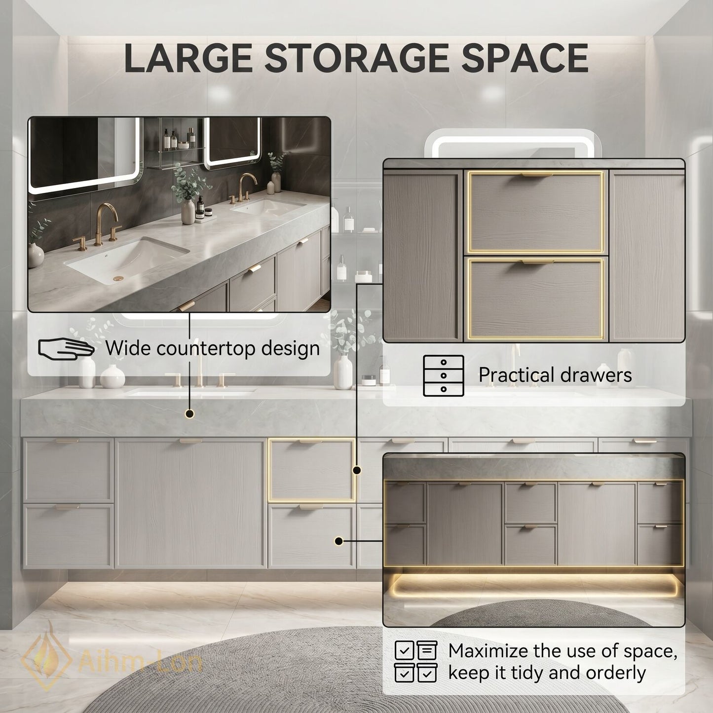 76''-96'' Double Bathroom Vanity with Sink Grey Floating Modern Wood-Grain Mirror-Cabinet Vanities